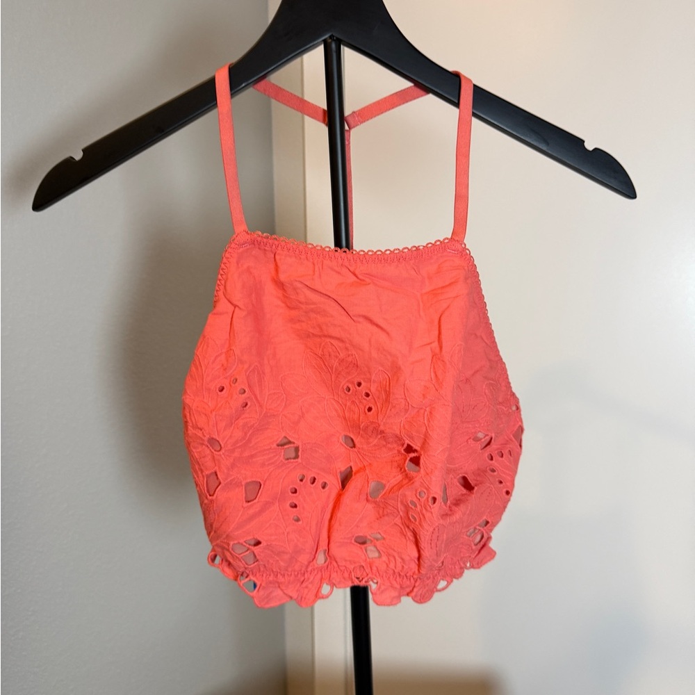Free People Vibrant Coral Lace Trim Top